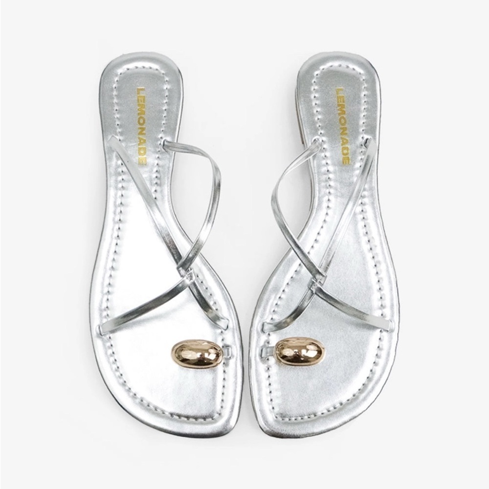 NEW Lemonade Silver Metallic Strappy Sandals Flip Flops Minimalist Gold Toe Ring